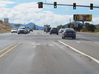 Rutted pavement on the left turn lane from westbound Oregon 42 onto Grant Smith Road in 2022.