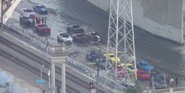 Some of the more than 100 cars that had gathered in the LA River for a car meetup on Sunday, June 7, 2026.
